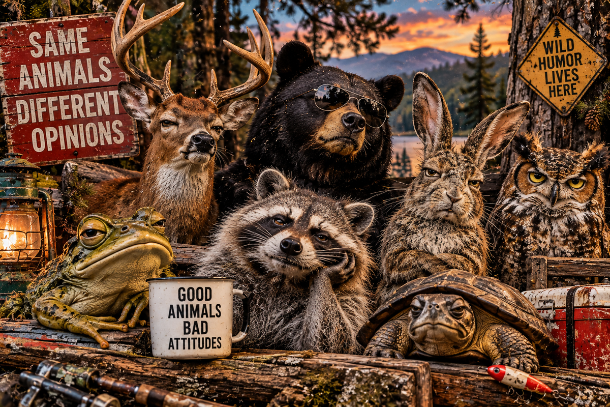 Funny wildlife group with unimpressed raccoon, frog, deer, bear, rabbit, owl and turtle showing sarcastic deadpan animal humor.