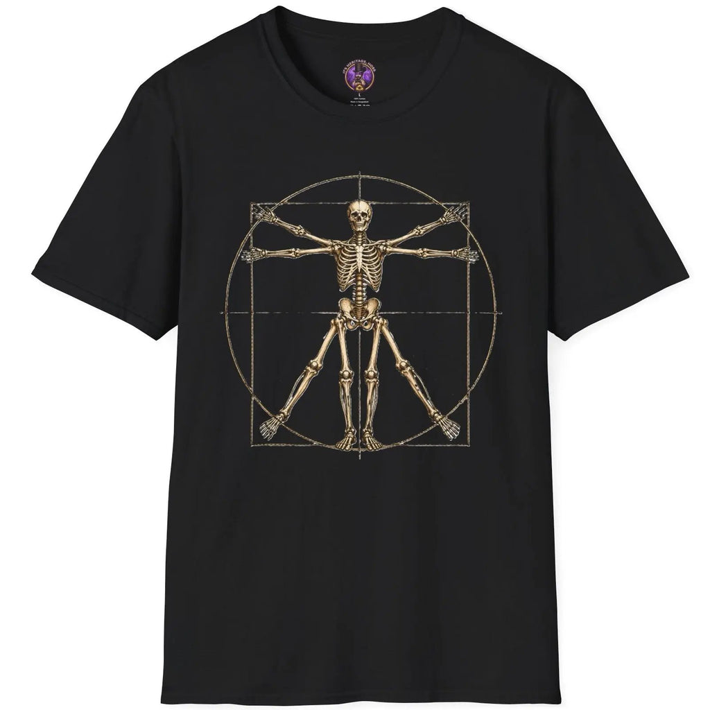 Vitruvian style human skeleton with multiple arm and leg positions inside a geometric circle and square