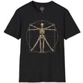 Vitruvian style human skeleton with multiple arm and leg positions inside a geometric circle and square