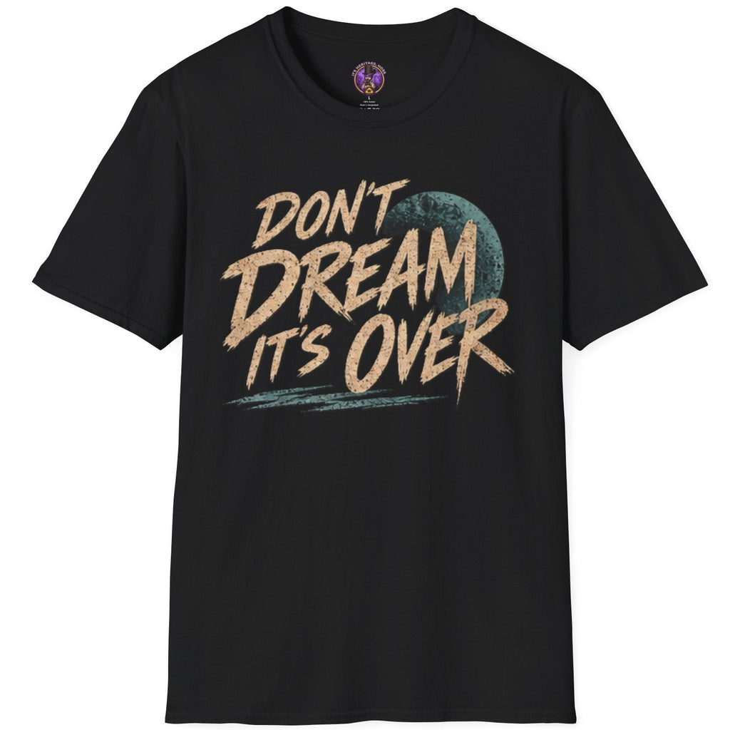 Don’t Dream It’s Over graphic with distressed 1980s-style lettering, blue moon imagery and minimal retro styling