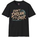 Don’t Dream It’s Over graphic with distressed 1980s-style lettering, blue moon imagery and minimal retro styling