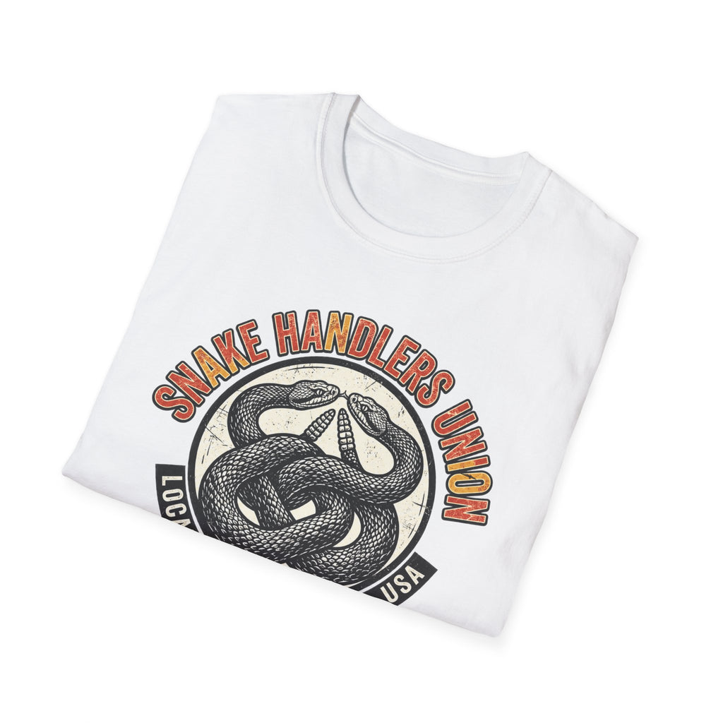 Folded Snake Handlers Union Local 666 T-Shirt showing its front graphic.