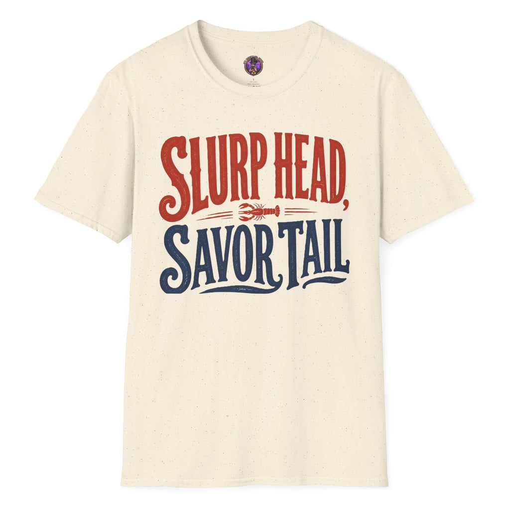 Slurp Head Savor Tail retro crawfish T-shirt graphic celebrating Louisiana Cajun seafood and crawfish boil culture