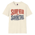 Slurp Head Savor Tail retro crawfish T-shirt graphic celebrating Louisiana Cajun seafood and crawfish boil culture
