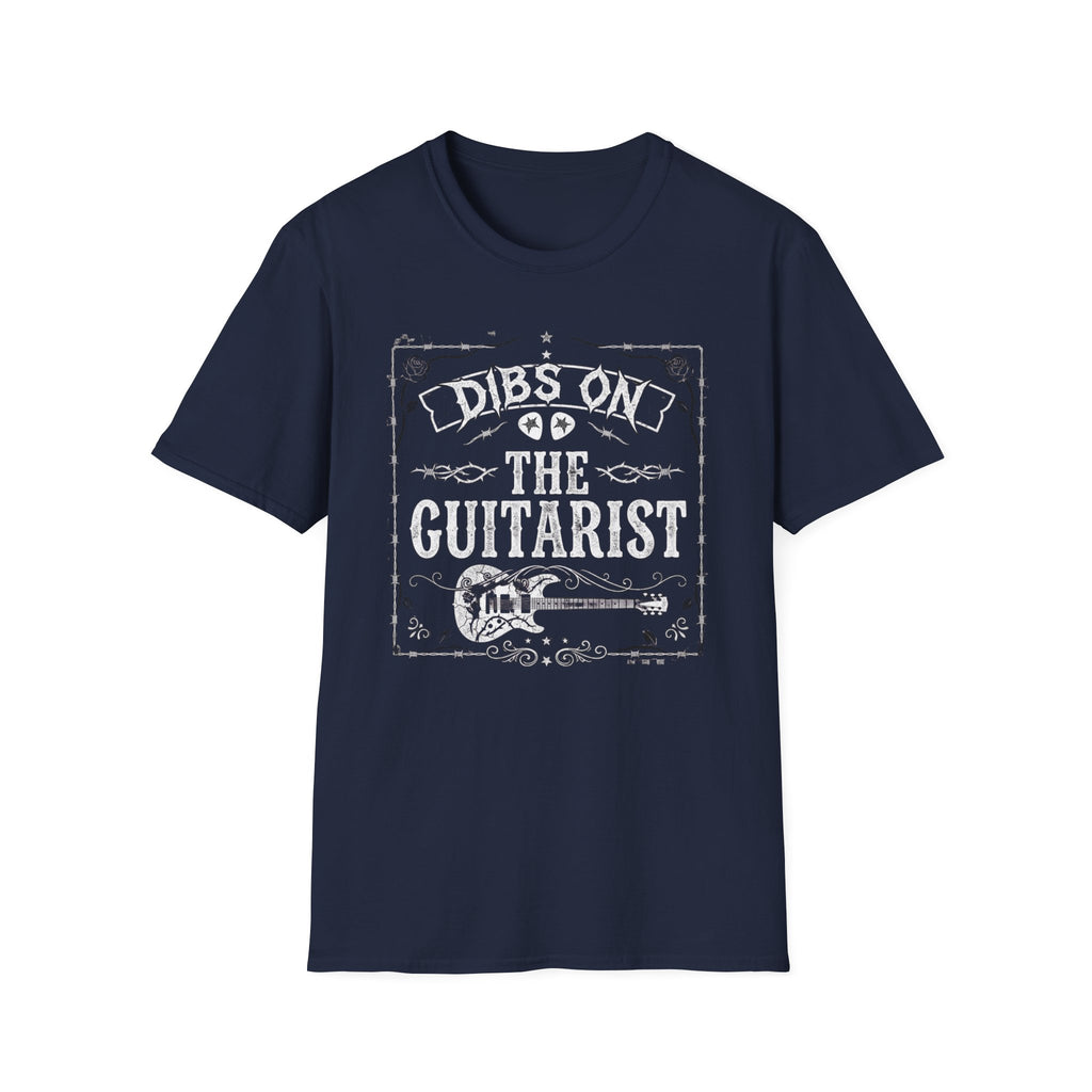 Dibs on the Guitarist T-Shirt front view: Bold Gothic lettering, an electric guitar, and a weathered barbed-wire frame put a darker spin on Dibs on the Guitarist.