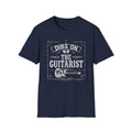 Dibs on the Guitarist T-Shirt front view: Bold Gothic lettering, an electric guitar, and a weathered barbed-wire frame put a darker spin on Dibs on the Guitarist.