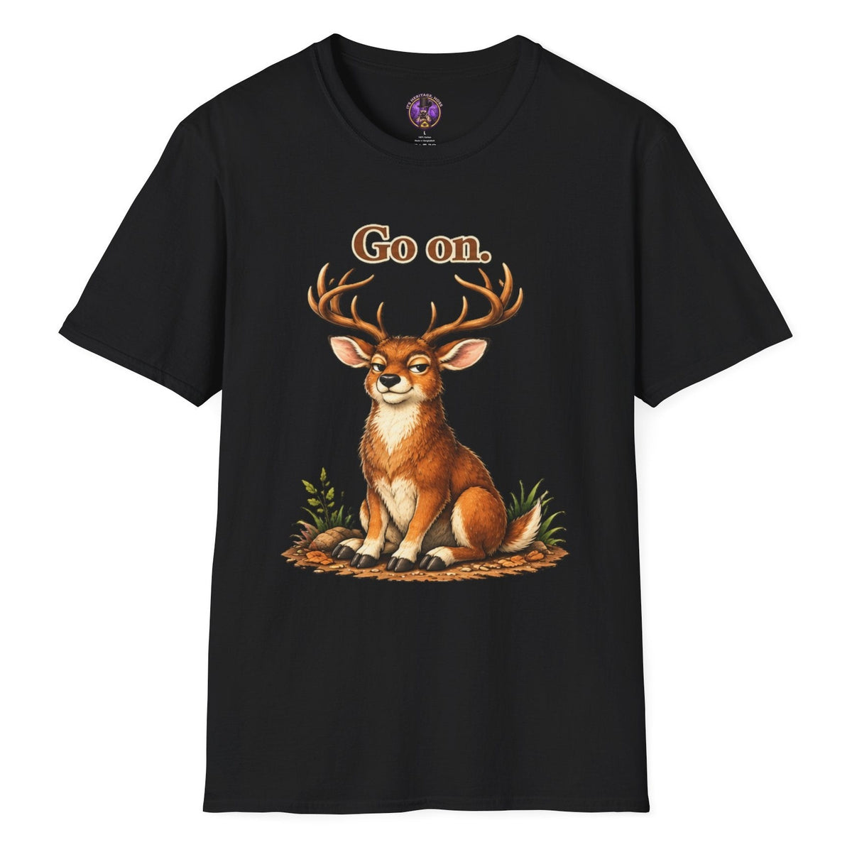 Illustrated stag with antlers and Go On lettering on a graphic T-shirt