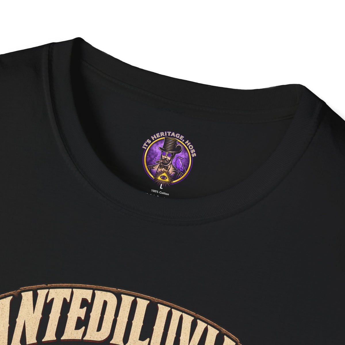 Crew-neck detail of the Antediluvian Outfitters shirt — Big Game Hunters Retro Graphic Tee.