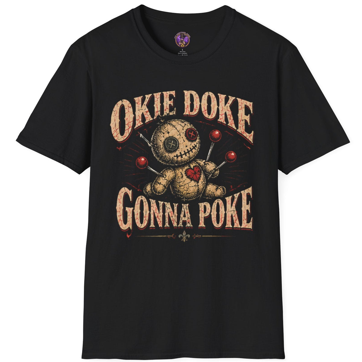 Stitched doll graphic with Okie Doke Gonna Poke lettering on a T-shirt