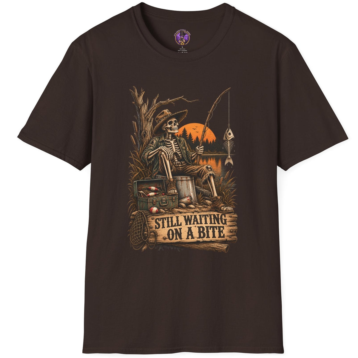 Still Waiting on a Bite skeleton fishing graphic printed on black Gildan 64000 T-shirt