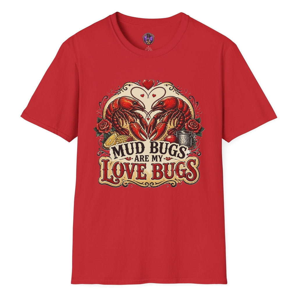 Mud Bugs Are My Love Bugs crawfish T-shirt graphic with two red crawfish forming a heart surrounded by roses and vintage Cajun artwork
