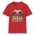 Mud Bugs Are My Love Bugs crawfish T-shirt graphic with two red crawfish forming a heart surrounded by roses and vintage Cajun artwork