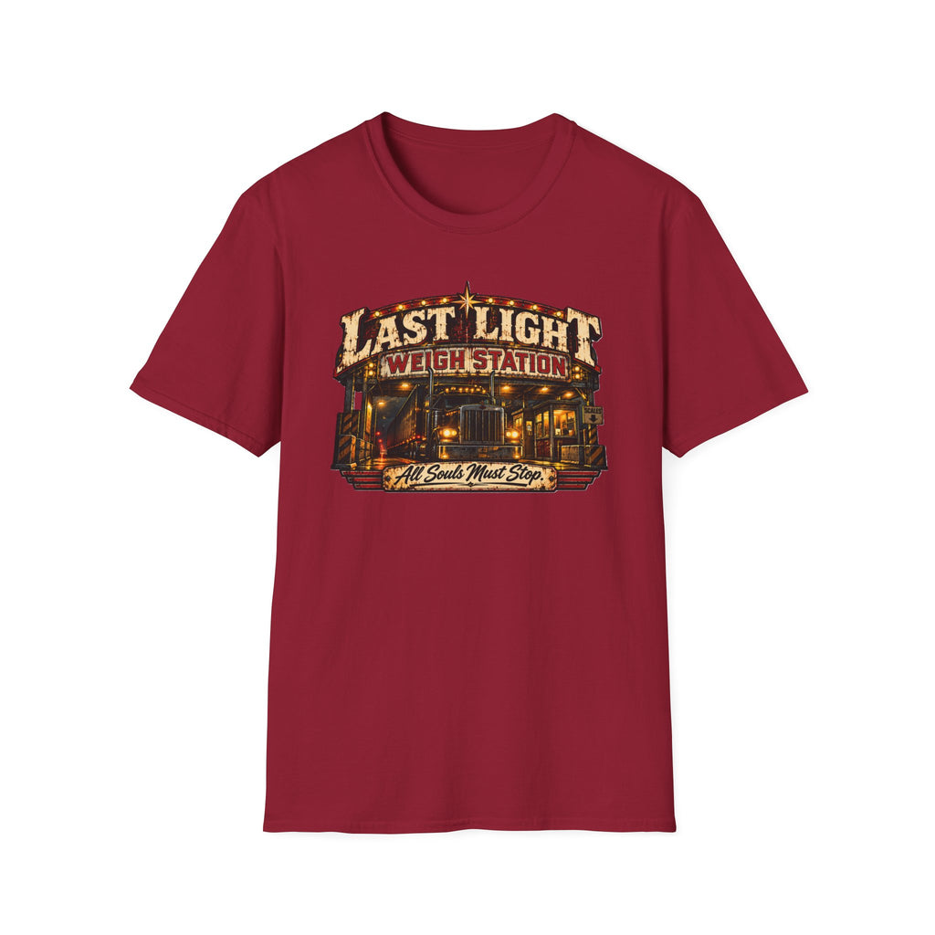 Last Light Weigh Station graphic with roadside scale-house scene on a T-shirt