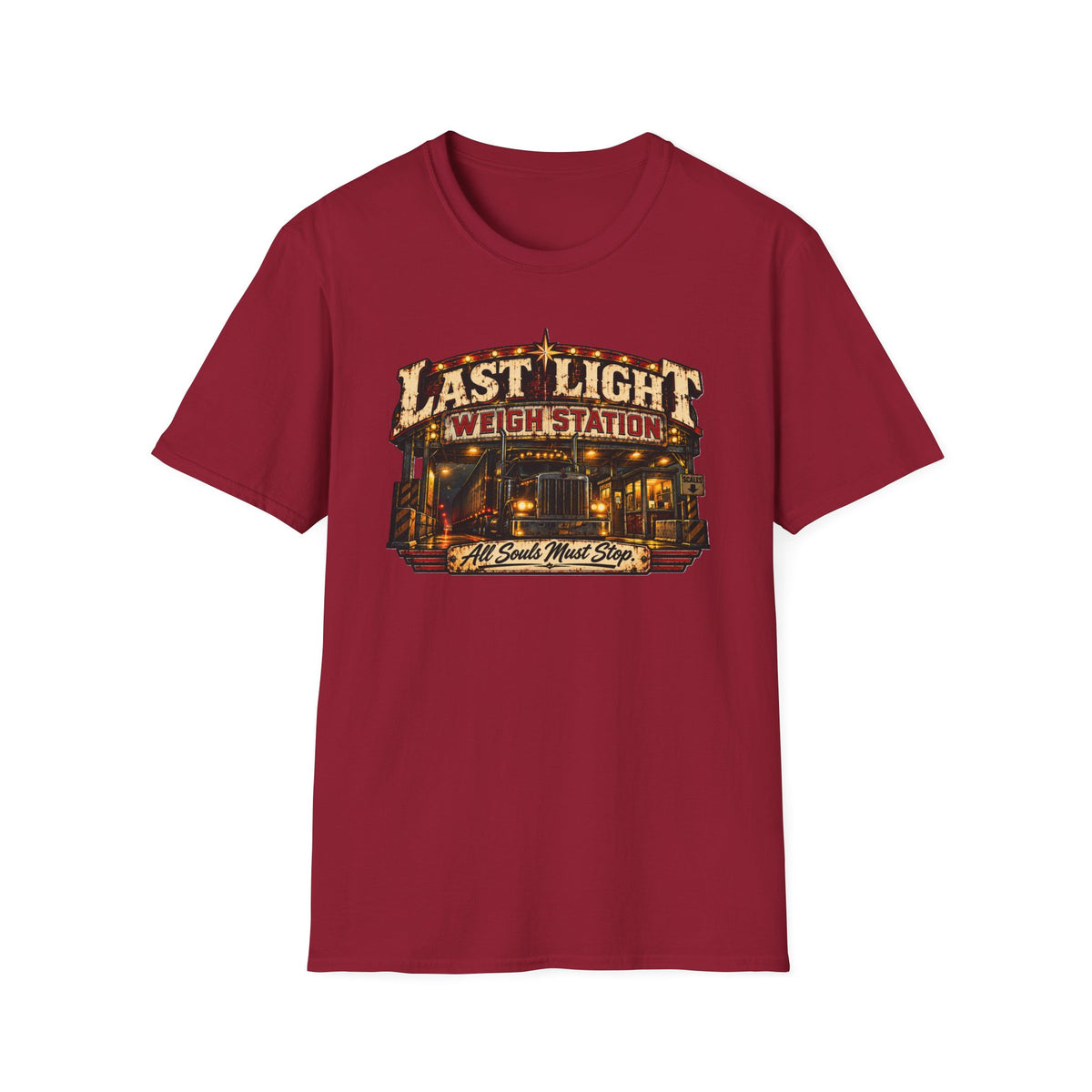 Last Light Weigh Station graphic with roadside scale-house scene on a T-shirt