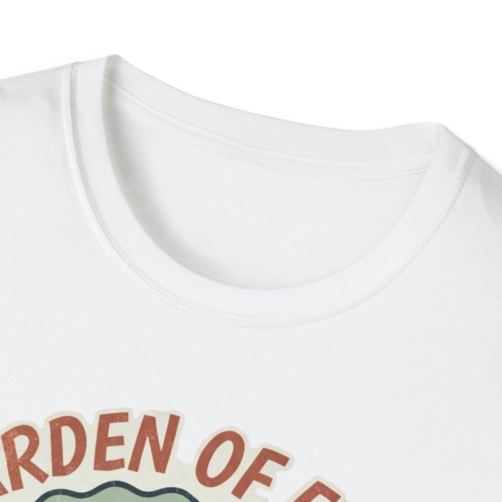 Crew-neck and upper graphic detail of Garden of Eden Pest Control T-Shirt.