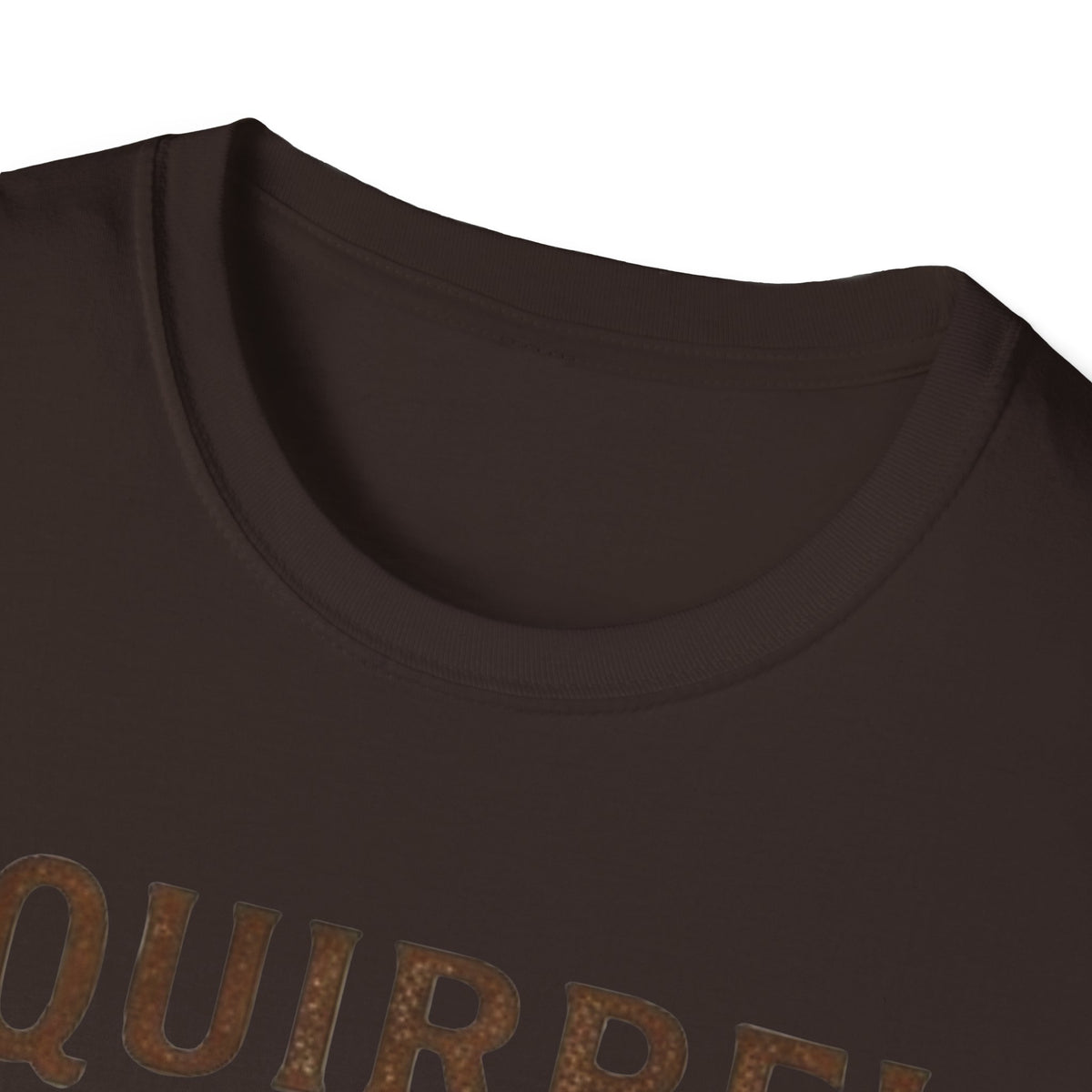 Crew-neck and upper print detail of the Squirrel Stew & Cornbread shirt.