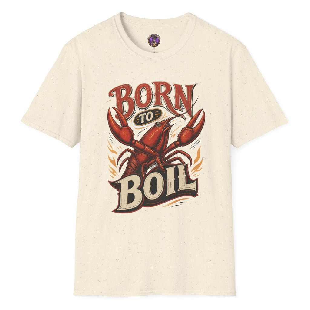 Born to Boil retro crawfish T-shirt graphic with large red crawfish, bold vintage lettering and flame accents