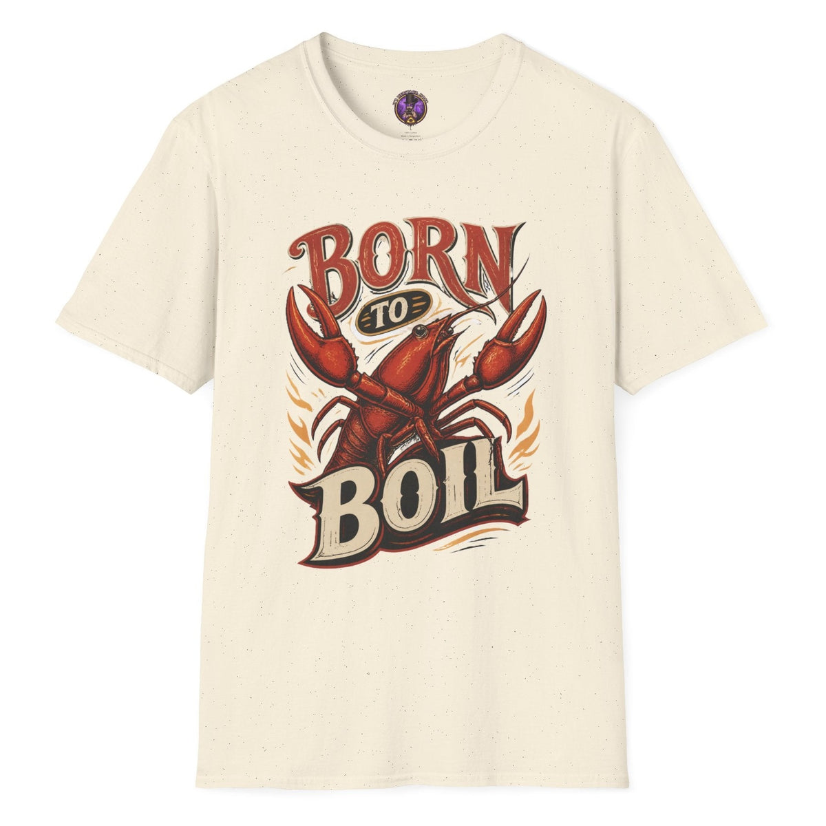 Born to Boil retro crawfish T-shirt graphic with large red crawfish, bold vintage lettering and flame accents