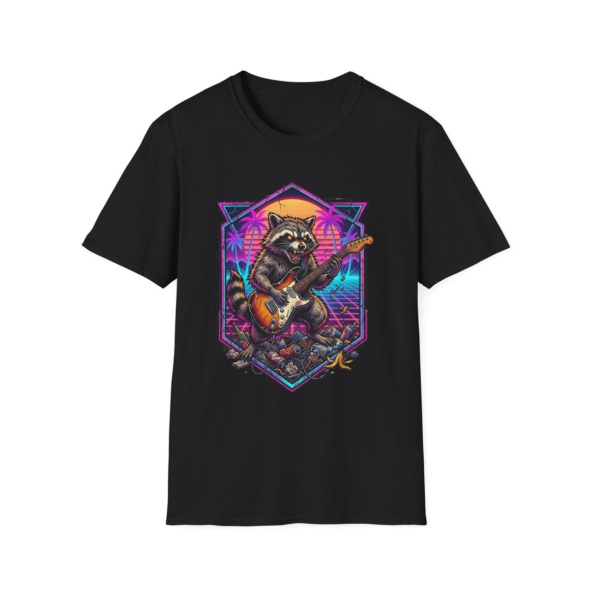 Raccoon Playing Electric Guitar T-Shirt front view: A raccoon shreds an electric guitar inside a neon geometric frame, with palm trees, a glowing sunset, and scattered debris completing the scene.