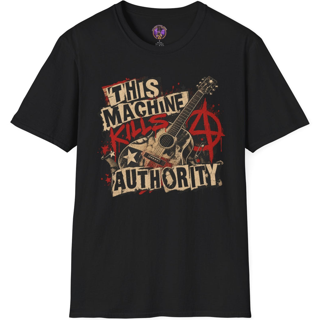 This Machine Kills Authority punk graphic with guitar, anarchy imagery and distressed photocopied flyer styling.