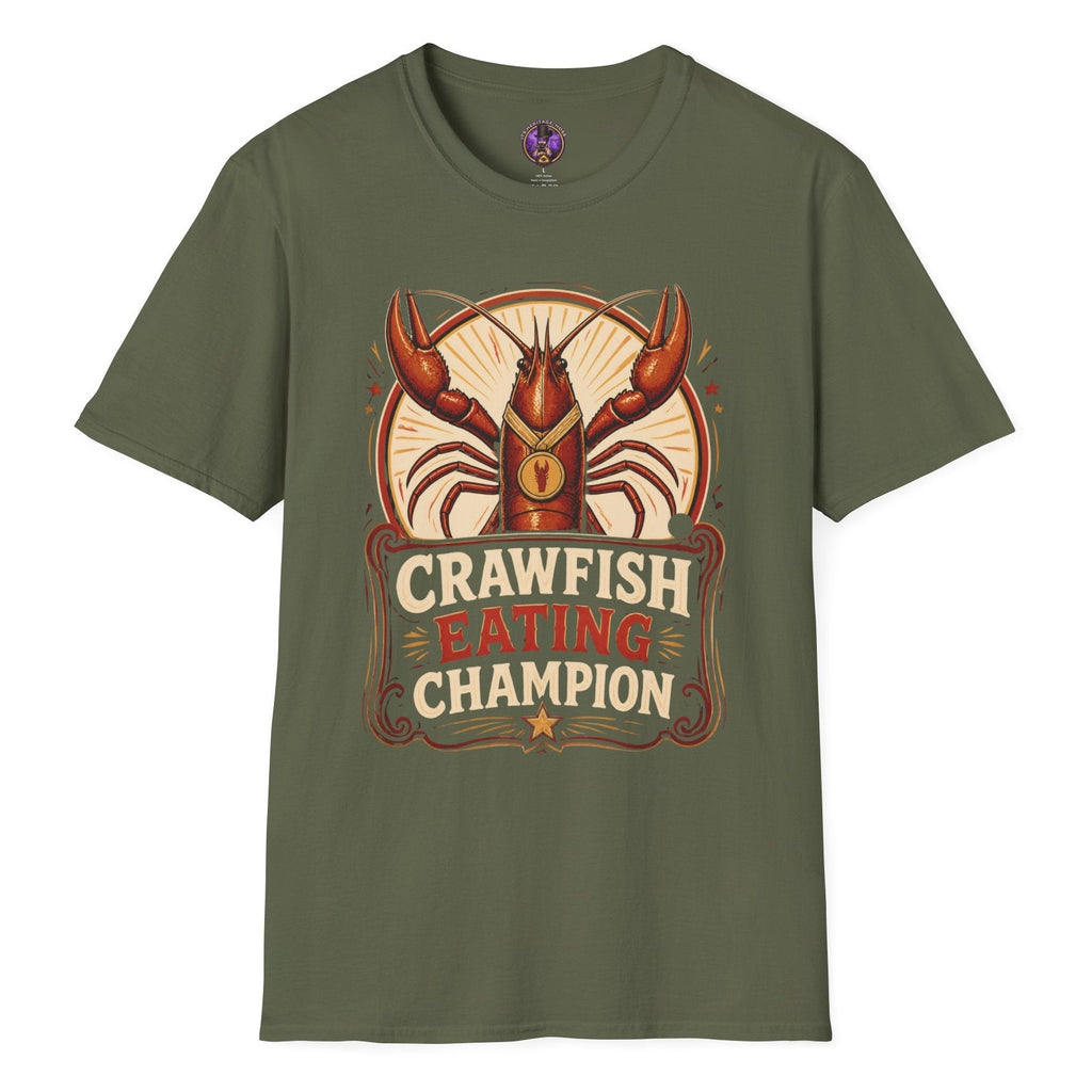 Crawfish Eating Champion retro T-shirt graphic featuring a red crawfish wearing a gold medal with bold vintage competition lettering