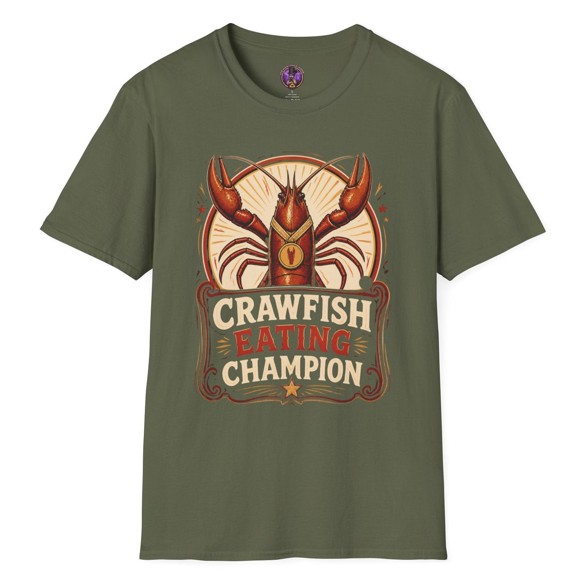 Crawfish Eating Champion retro T-shirt graphic featuring a red crawfish wearing a gold medal with bold vintage competition lettering