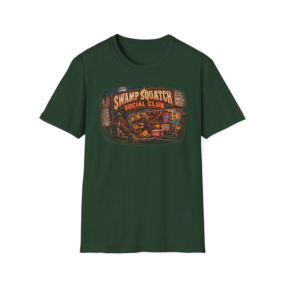 Swamp Squatch Social Club graphic with Sasquatch and bayou scene on a T-shirt