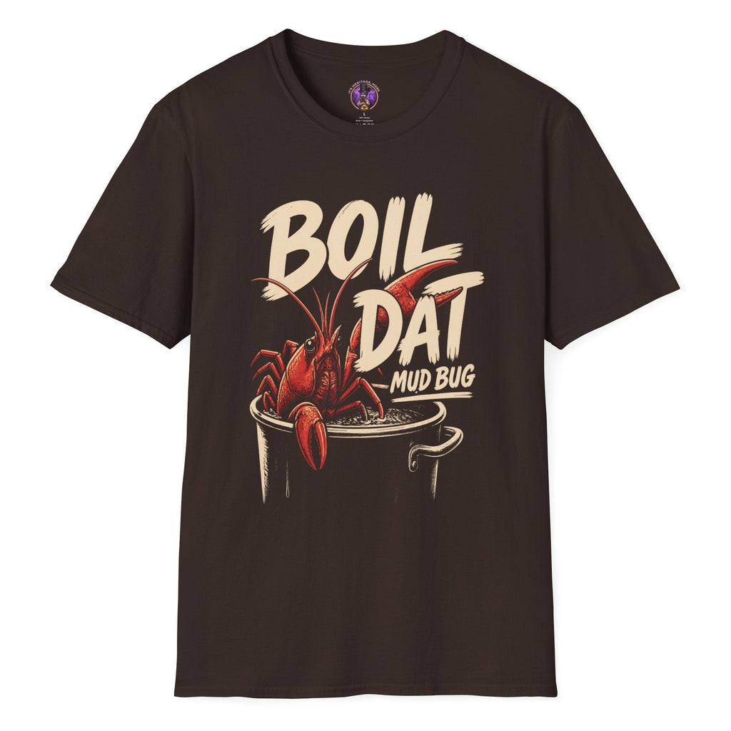 Boil Dat Mud Bug Cajun T-shirt graphic featuring a red crawfish climbing from a boiling pot with bold vintage-style lettering
