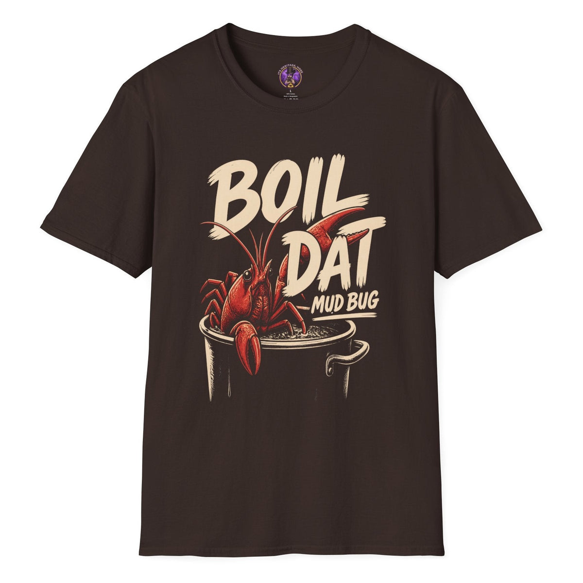 Boil Dat Mud Bug Cajun T-shirt graphic featuring a red crawfish climbing from a boiling pot with bold vintage-style lettering