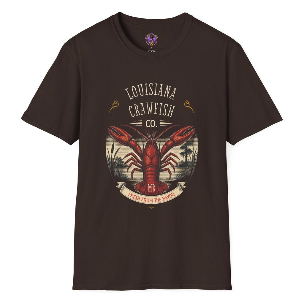 Louisiana Crawfish Co T-shirt graphic with large red crawfish, vintage bayou landscape, cypress trees and Fresh From the Bayou banner