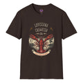 Louisiana Crawfish Co T-shirt graphic with large red crawfish, vintage bayou landscape, cypress trees and Fresh From the Bayou banner