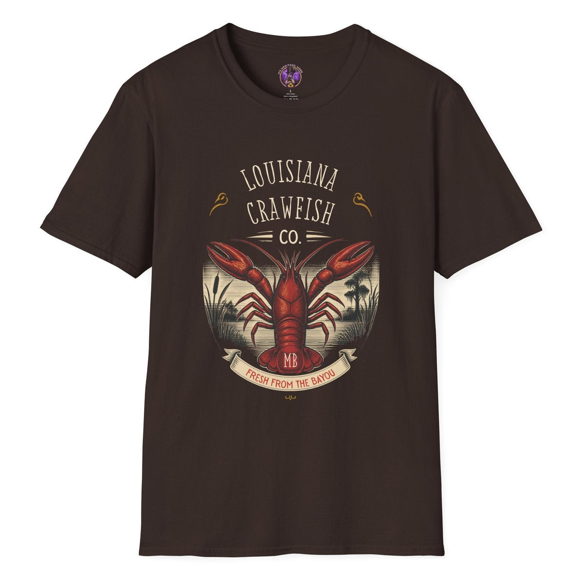 Louisiana Crawfish Co T-shirt graphic with large red crawfish, vintage bayou landscape, cypress trees and Fresh From the Bayou banner