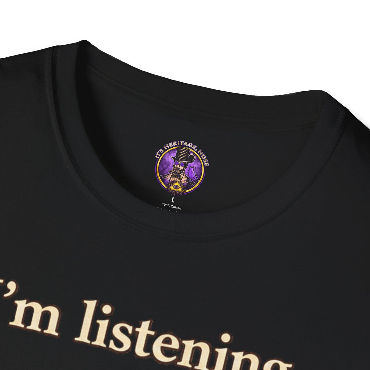Crew-neck detail of the I'm Listening Beaver shirt — Cute Woodland Animal Graphic Tee.