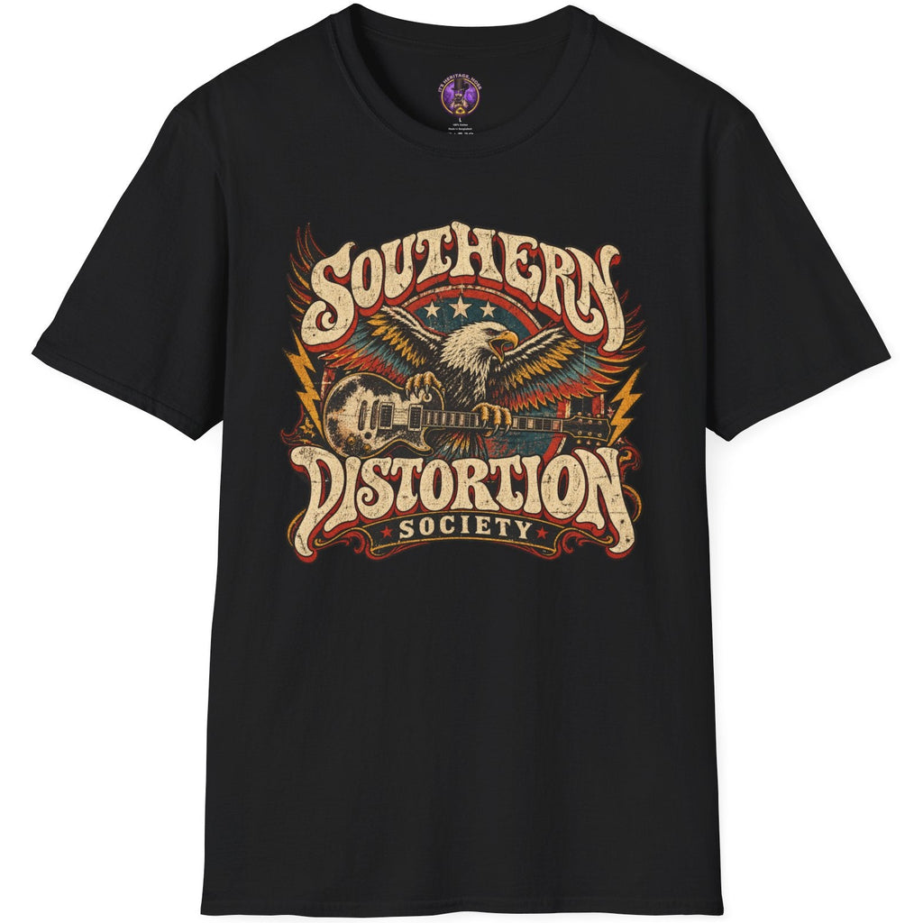 Southern Distortion Society graphic with eagle and electric guitar in a distressed 1970s Southern rock and biker style.