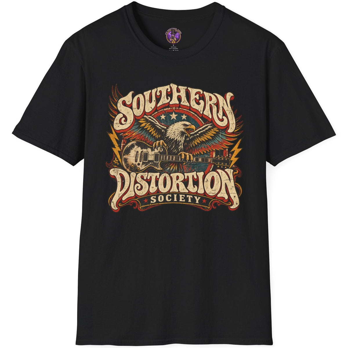 Southern Distortion Society graphic with eagle and electric guitar in a distressed 1970s Southern rock and biker style.