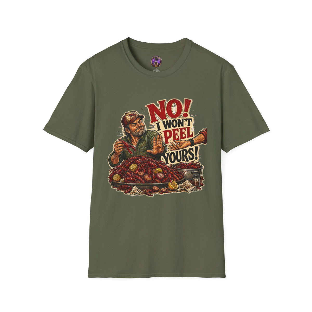 Front view of the No I Won't Peel Yours Funny Crawfish shirt.