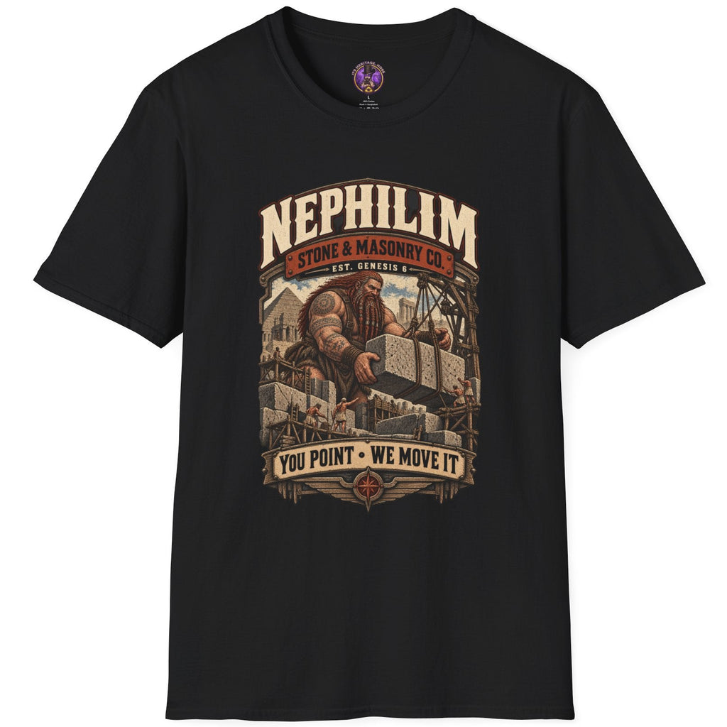 Nephilim Stone and Masonry Co graphic featuring a Genesis 6 giant moving a huge stone block with ancient builders and pyramids