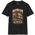 Nephilim Stone and Masonry Co graphic featuring a Genesis 6 giant moving a huge stone block with ancient builders and pyramids