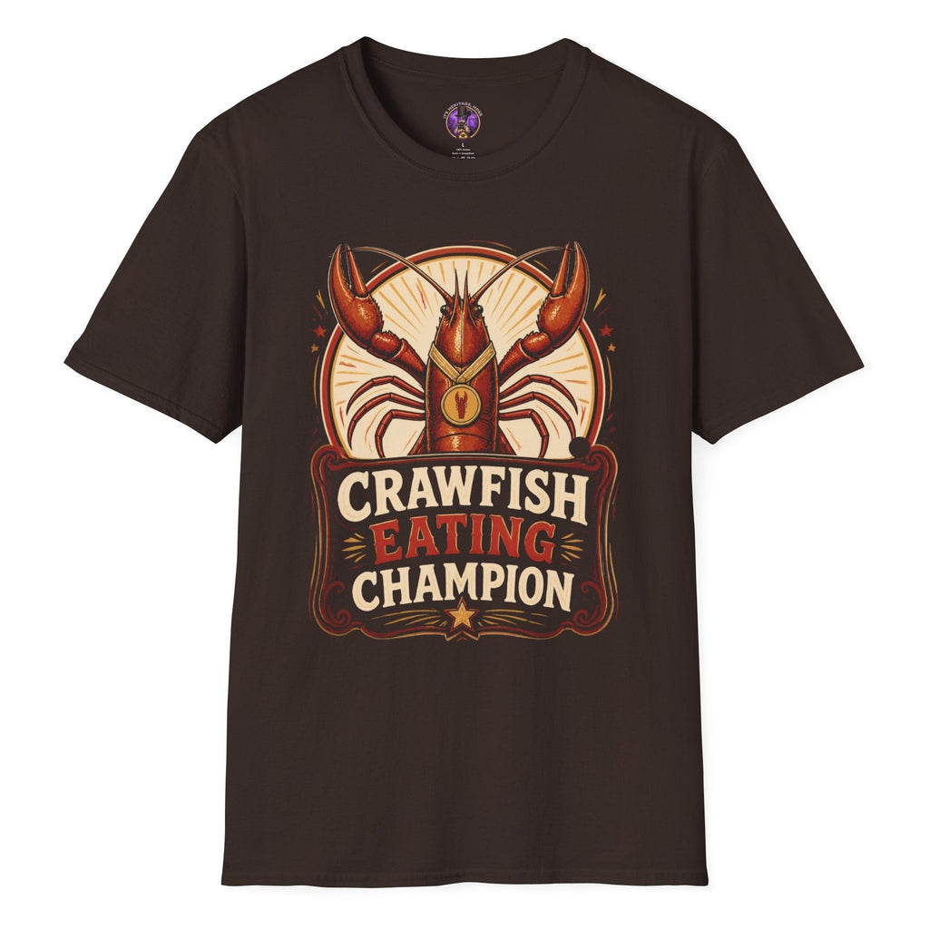 Crawfish Eating Champion retro T-shirt graphic featuring a red crawfish wearing a gold medal with bold vintage competition lettering