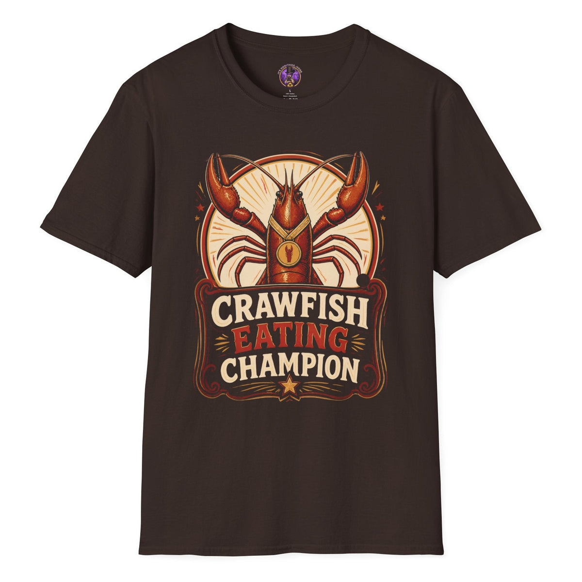 Crawfish Eating Champion retro T-shirt graphic featuring a red crawfish wearing a gold medal with bold vintage competition lettering