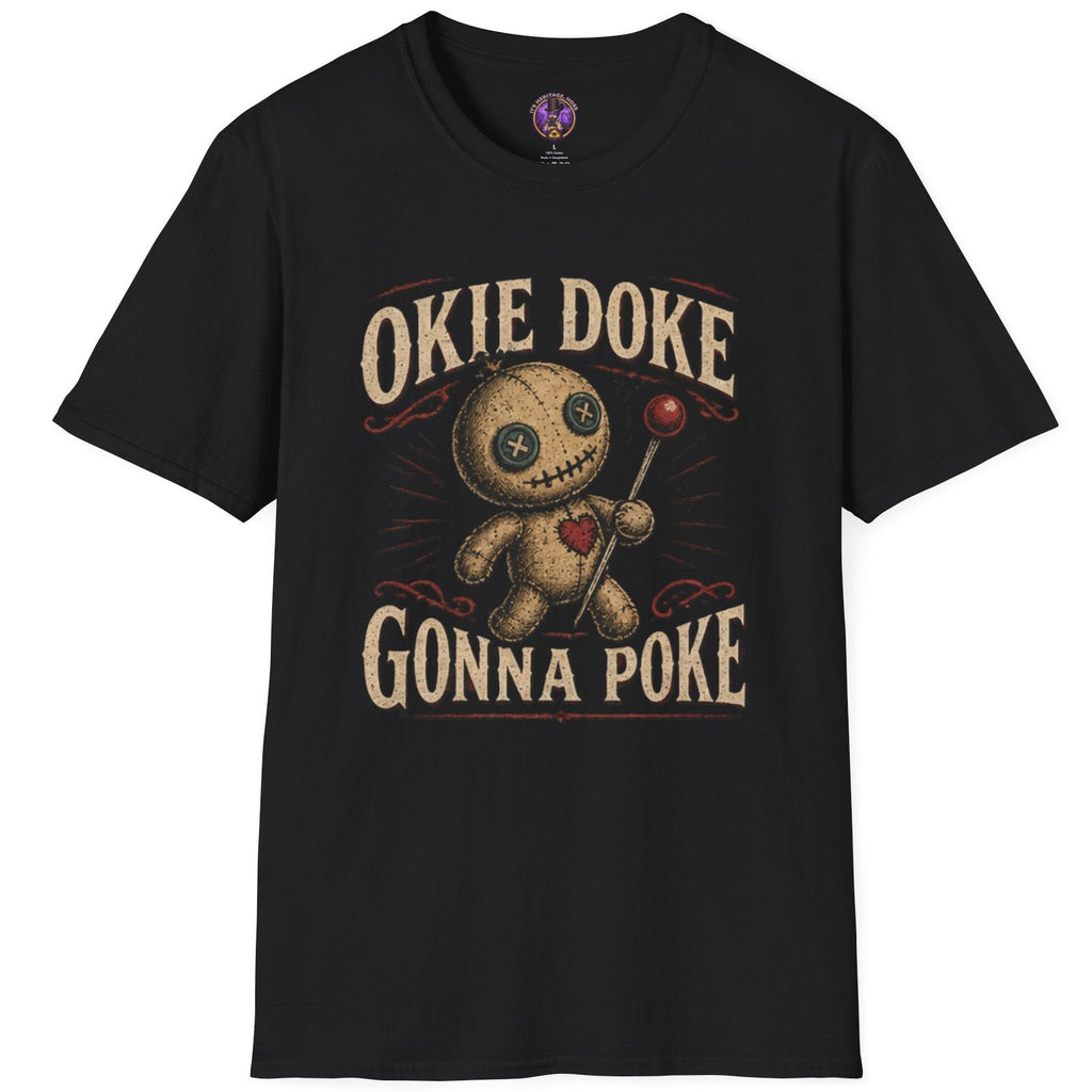 Vintage-style doll holding a pin and lollipop with Okie Doke Gonna Poke lettering