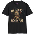 Vintage-style doll holding a pin and lollipop with Okie Doke Gonna Poke lettering