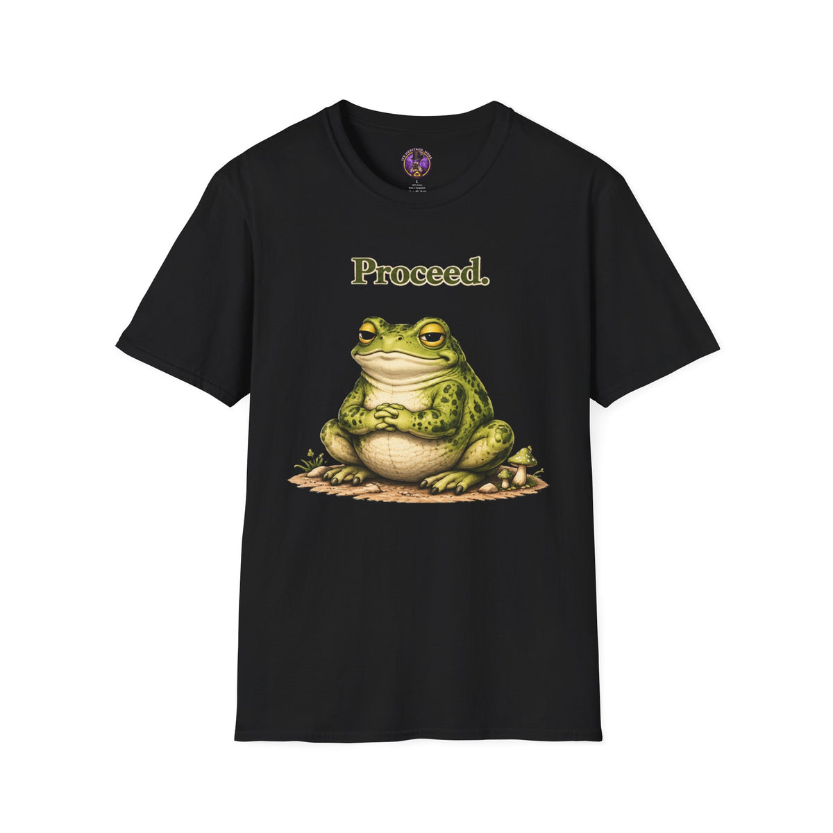 Front view of the Proceed Frog shirt — Cute Vintage Frog Illustration Tee.