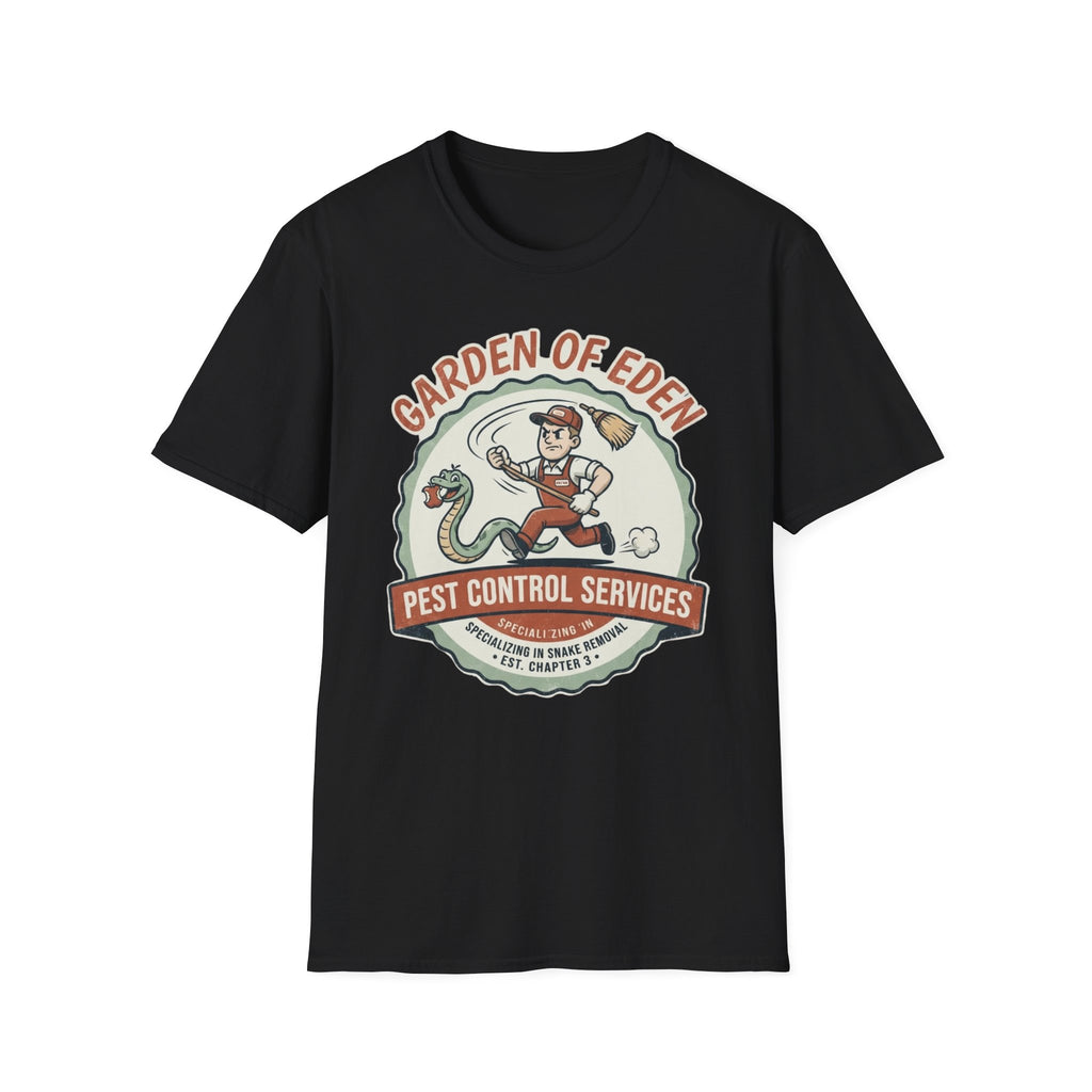 Garden of Eden Pest Control T-Shirt front view: A retro service mascot chases an apple-carrying serpent with a broom inside a vintage trade badge.
