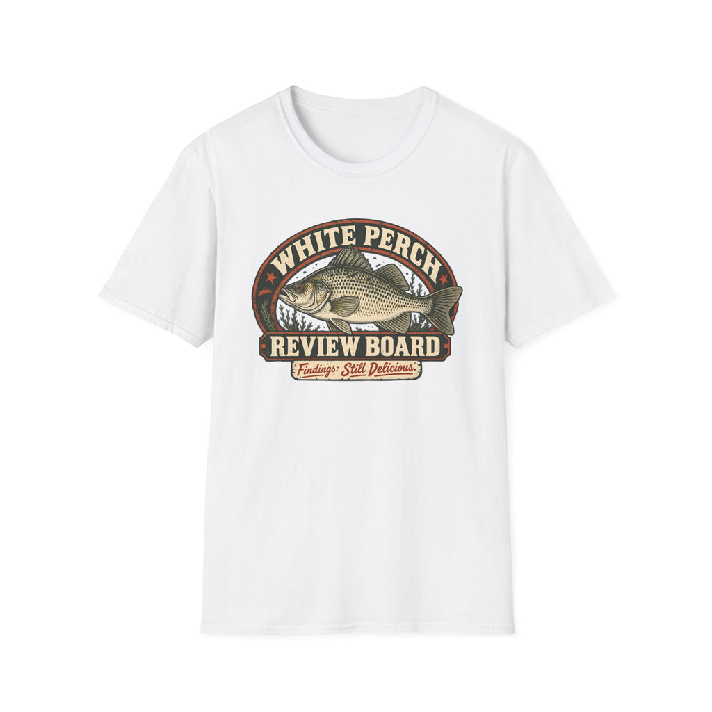 White Perch Review Board graphic with crappie artwork on a T-shirt
