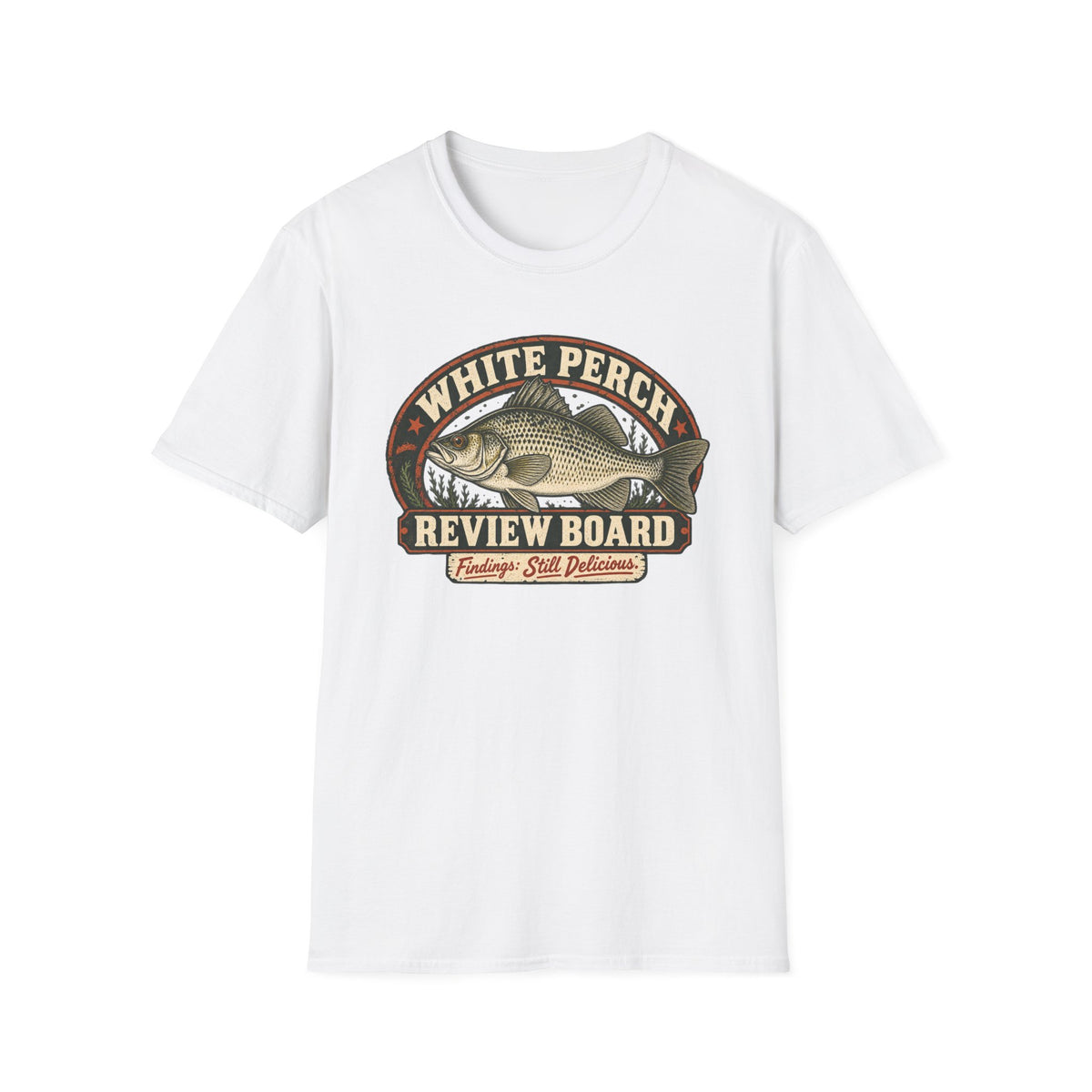 White Perch Review Board graphic with crappie artwork on a T-shirt