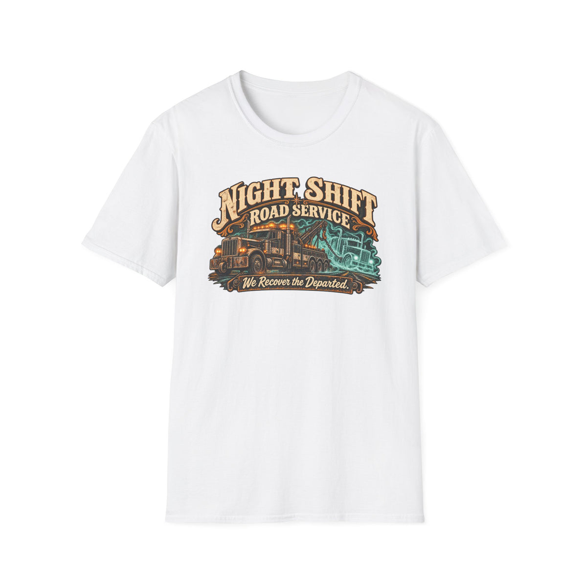 Night Shift Road Service vintage automotive graphic on a T-shirt