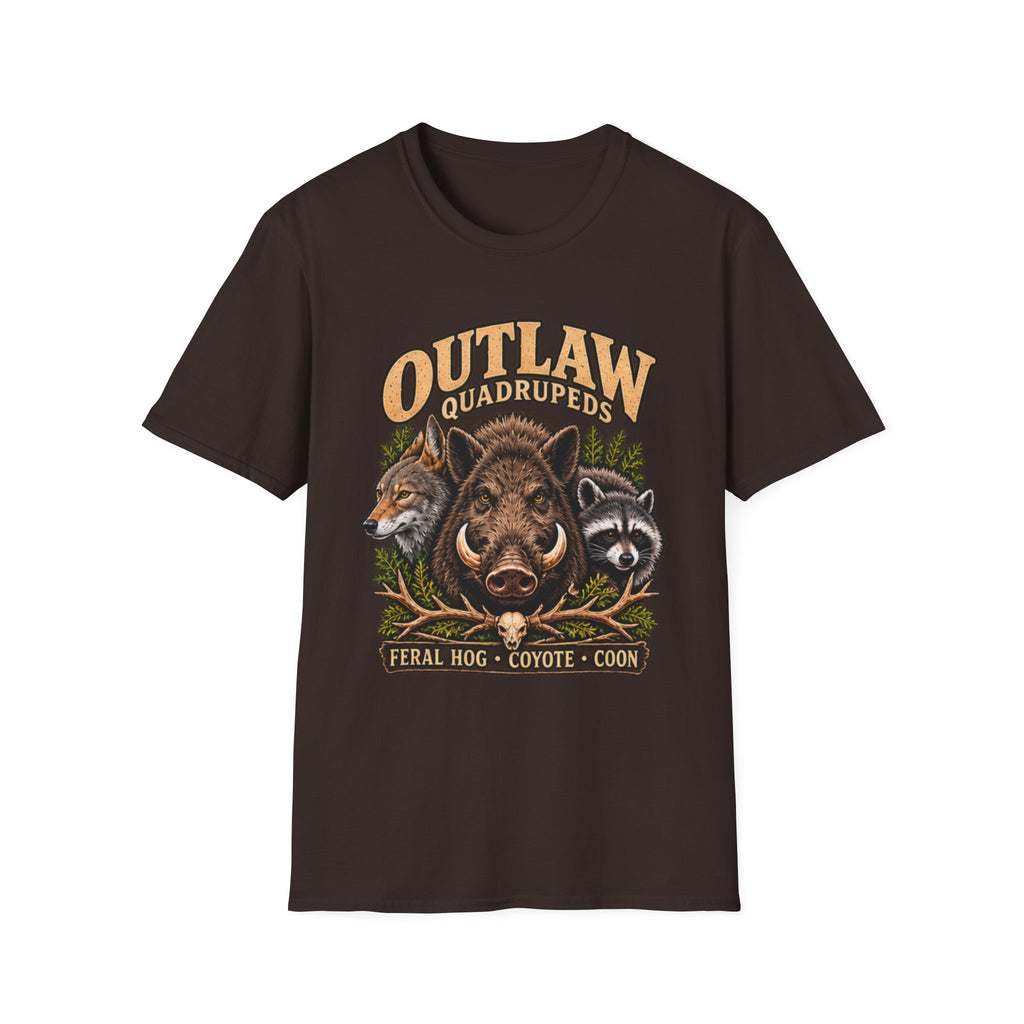 Outlaw Quadrupeds wildlife T-shirt featuring feral hog, coyote and raccoon artwork — product view 3