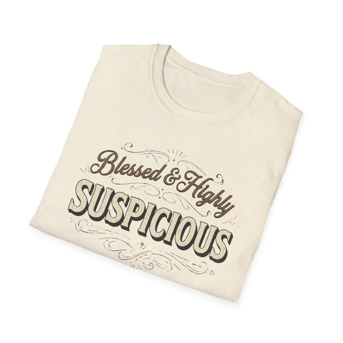 Folded Blessed & Highly Suspicious T-Shirt showing its front graphic.