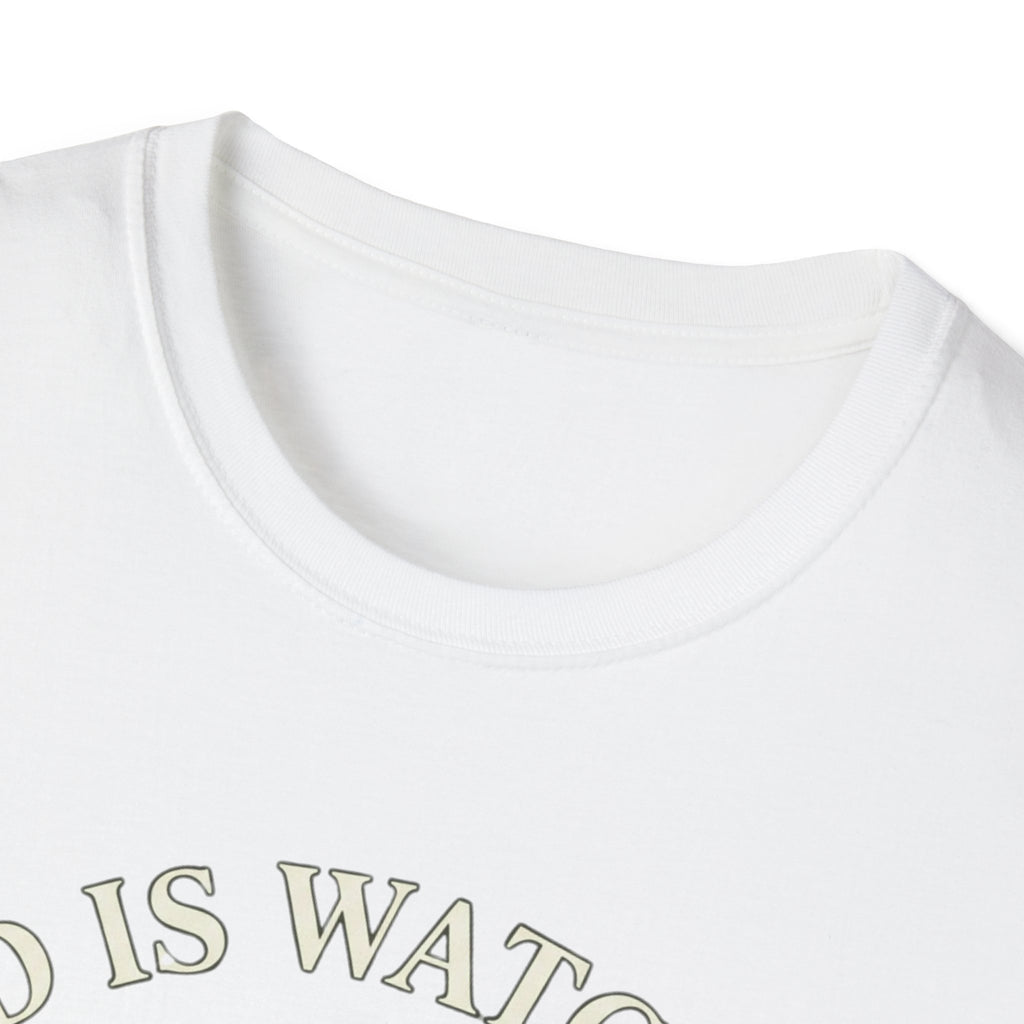 Crew-neck and upper graphic detail of God Is Watching T-Shirt.